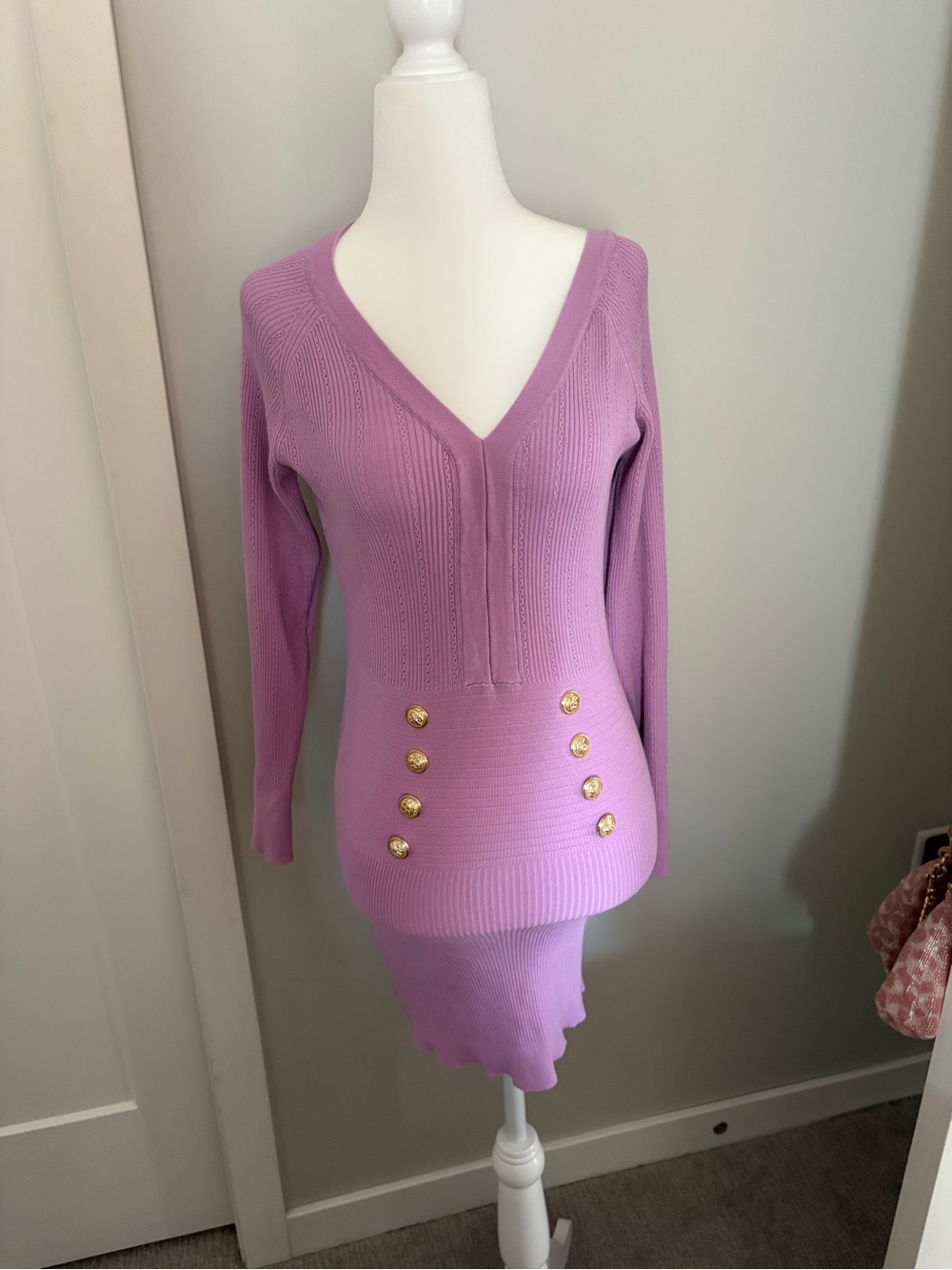 Lilac Knit V-Neck Sweater Dress with Gold Buttons